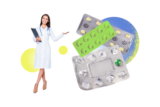 Composite photo collage of happy girl doctor hold clipboard show new covid illness treatment pills blister isolated on painted background