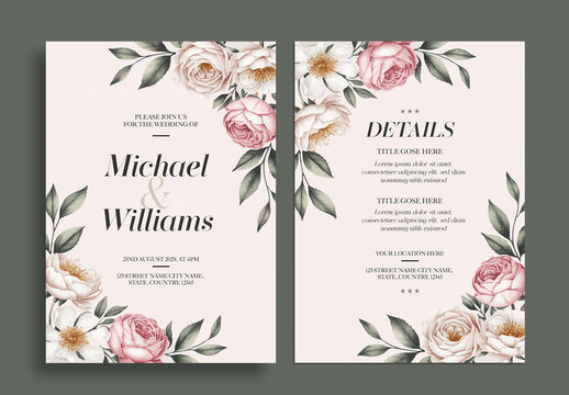 Two Wedding Invitation Cards with Watercolor Flowers