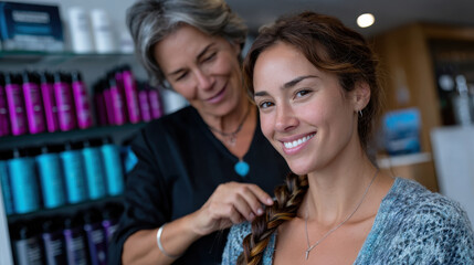 A stylist braids a client’s hair in a bright salon, capturing the essence of personalized beauty services and the artistry behind elegant hairstyles and fashion trends.