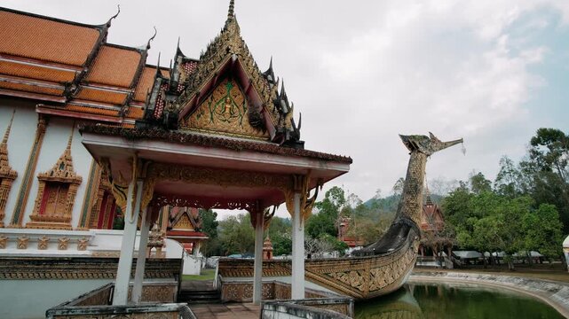 Ornate wat bang riang temple, revealing traditional buddhist architectural elegance in peaceful tropical scenery Phang nga province, Thailand.