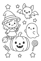 A cute set of funny cartoon vector illustration collection with a seamless pattern - Halloween doodle coloring
