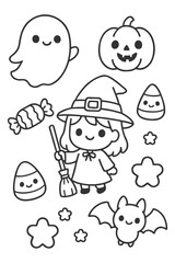 Funny cartoon character collection and cute face icons set vector illustration - Halloween doodle coloring