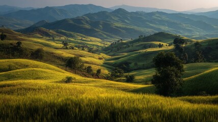 Obraz premium Lush rolling hills under golden sunlight in serene valley. Artificial intelligence image
