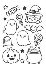 Cartoon chef and festive Halloween icon set for holiday celebration