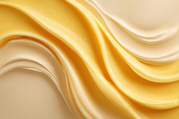 Fototapeta premium Yellow and white cream swirls, shiny and smooth, filling the frame. Use it for dessert, skincare, or abstract backgrounds for projects.