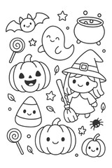 A fun set of cartoon icons featuring cute faces and children's smiling characters - Halloween doodle coloring