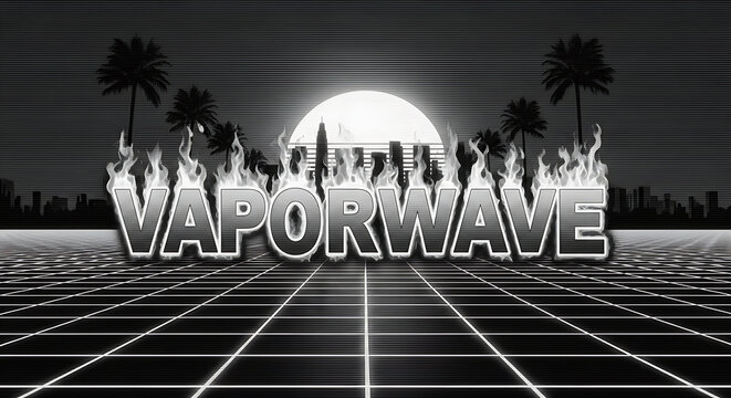 Vaporwave text with flames and palm trees against a cityscape and grid background in black and white - Powered by Adobe
