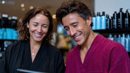 Two people are happily reviewing something on a tablet in a contemporary setting, showcasing camaraderie and discovering new products together with enthusiasm.