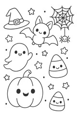 A fun, cute vector illustration set of icons, and a seamless pattern design - Halloween doodle coloring