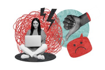 Composite photo collage of young girl blogger type macbook device receive thumb down reaction hate cyberbully isolated on painted background