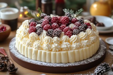 A cake adorned with berries and cream - sweet indulgence captured in a frame.