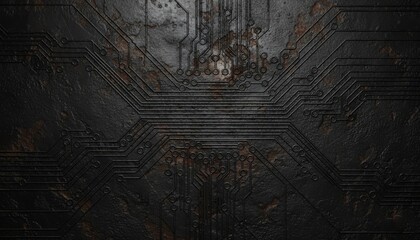 A dark, grunge background featuring a circuit board pattern on a rusty, textured metal surface. A concept for industrial, steampunk, or dystopian technology.