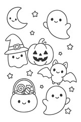 Funny vector illustration set of cartoon character face - Halloween doodle coloring