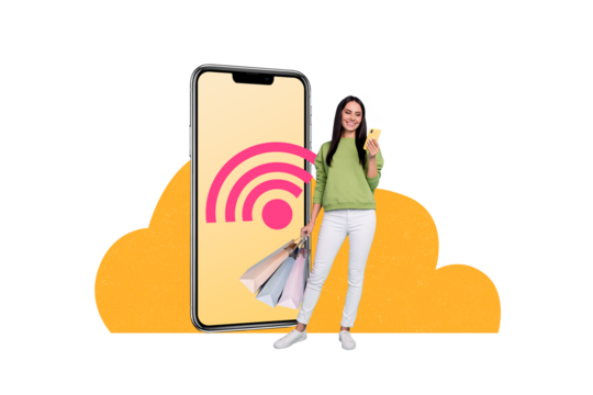 Composite collage picture image of young female ecommerce use app wifi connection online order bizarre unusual fantasy billboard comics