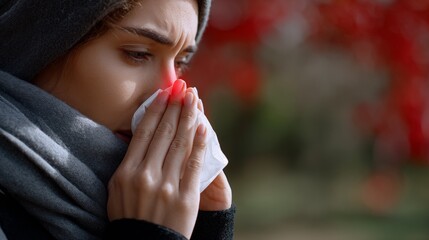 Woman with runny nose blowing into tissue outdoors in autumn, close up profile in scarf