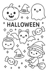 A funny collection of cartoon Halloween monster icons with smiling face expressions for kids and children