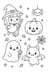 A set of funny cartoon Halloween monsters for children's coloring book includes a cat and a bear character sketch illustration