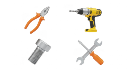 Collection of four common hand tools isolated on transparent background