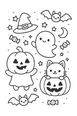 Cartoon illustration vector drawing of a funny black outline in a children's sketch art coloring book - Halloween doodle