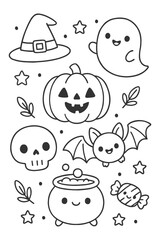 Cute cartoon character set with funny expression vector icons for children design - Halloween doodle coloring
