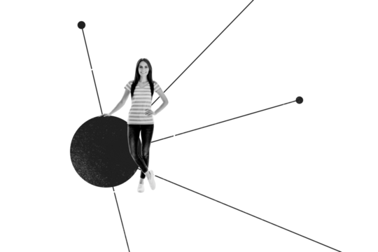 Composite photo collage of happy businesswoman stand circle figure development concept promotion career isolated on painted background