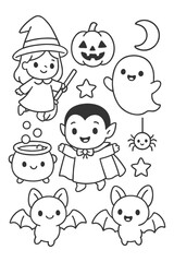 A fun collection of cartoon vector characters set as cute icons - Halloween doodle coloring