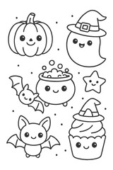 A fun collection of cartoon vector icons and illustrations design - Halloween doodle coloring