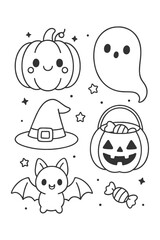 Funny cartoon characters illustration set with smiling faces and kid drawings - Halloween doodle coloring
