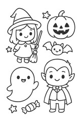 Cartoon kids character set illustration - Halloween doodle coloring