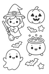 Funny vector cartoon illustration set of Halloween characters for a child's coloring book