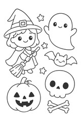 Funny baby boy and cat Halloween cartoon character set vector illustration for children's coloring book