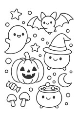 Cute, funny vector cartoon set illustration - Halloween doodle coloring