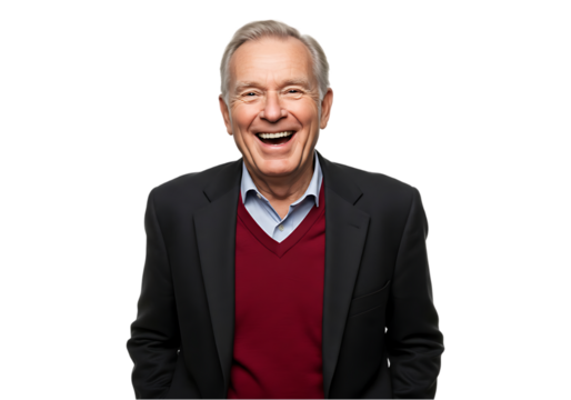 Smiling older man in a suit jacket and sweater isolated on transparent background