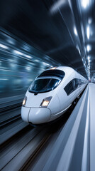 Fototapeta premium Modern high-speed train moving through a futuristic underground tunnel with motion blur. 