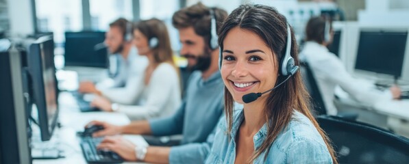 Customer Service Representative Wearing Headset Working at Call Center Desk