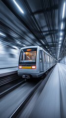 High-speed subway train moving through an underground tunnel with motion blur.  
