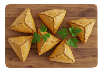 Six golden brown triangular pastries with parsley isolated on transparent background