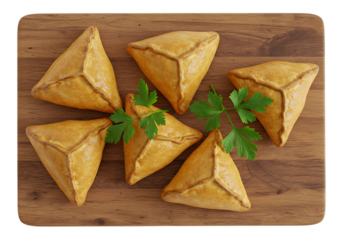 Six golden brown triangular pastries with parsley isolated on transparent background