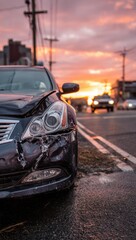 Fototapeta premium Damaged black sedan with front-end collision on urban street during sunset