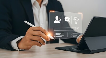 A person is working on a digital tablet, with overlayed user interface elements