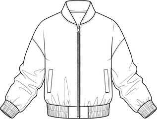 Bomber jacket illustration, front zipper closure, vertical slit pockets, ribbed cuffs and waistband, puffed sleeve design, fashion garment vector ©  Alexander Creations