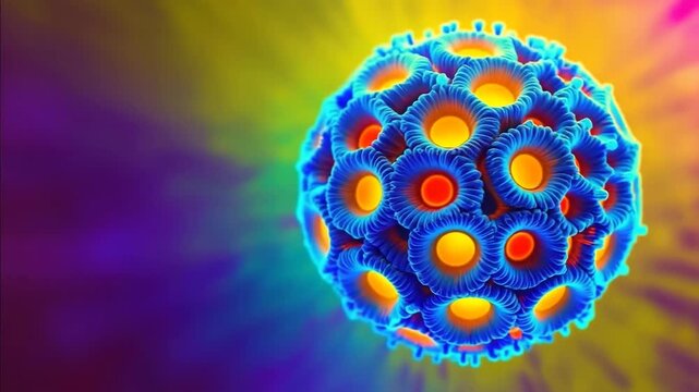 Fluorescent HPV virus particle in close-up biomedical motion visualization