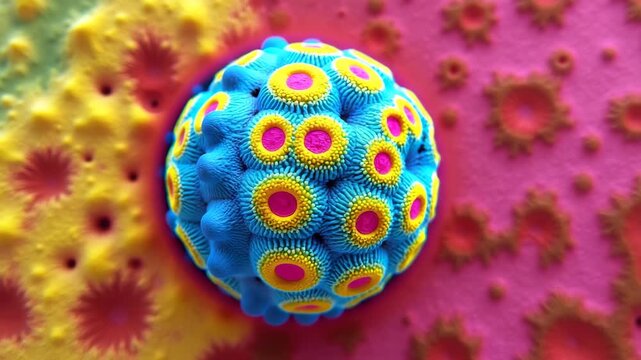 Biomedical 3D animation of HPV virus structure with fluorescent protein shell