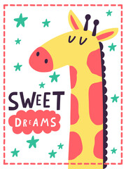 Cute sleeping giraffe illustration for sweet dreams concept