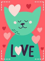 Cute cat illustration with hearts and love text