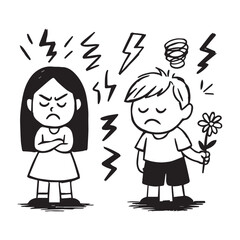 Angry girl rejecting a boy offering a flower with lightning bolts