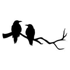 Logo con silueta de dos cuervos negros en rama de árbol para su uso en felicitaciones y tarjetas de Halloween