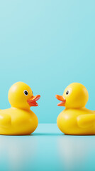 Two yellow rubber ducks facing each other on a bright blue background.  

