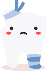 Cute sad tooth with bandage suffering from toothache