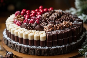 Chocolate cake covered in white and milk chocolate.